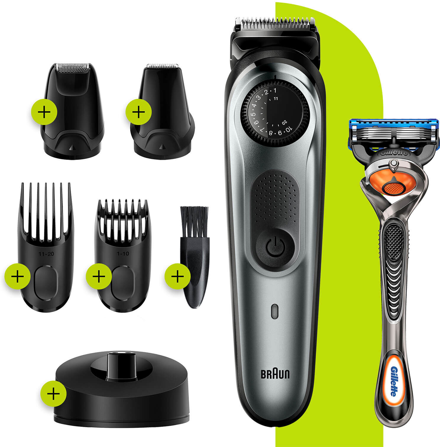 Braun Beard Trimmer 7 - 4 Attachments - 4 Attachments + Gillette Razor + Charging Stand