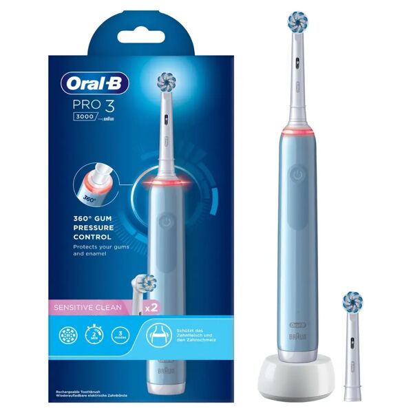 oral-b spazzolino elettrico ricaricabile pro 3 3000 blu, 2 testine, 1 spazzolino