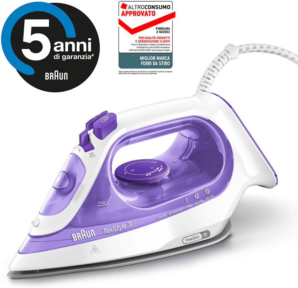 Braun TexStyle 3 Ferro da stiro a secco e a vapore 2350 W Viola, Argento, Bianco