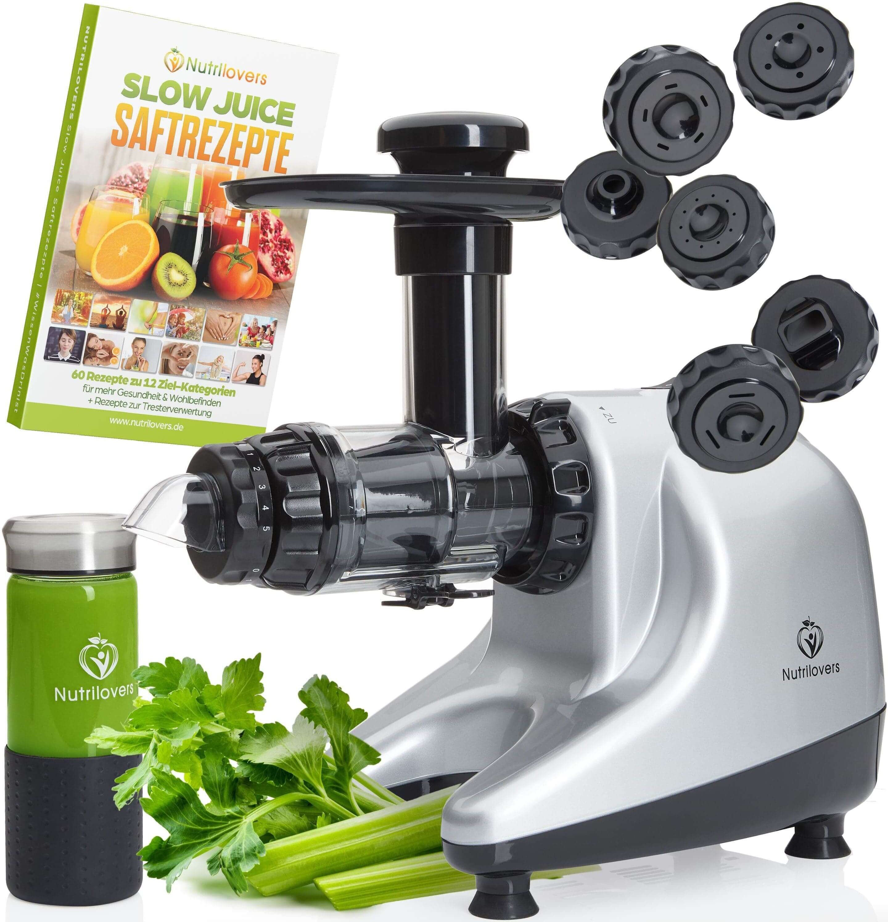 Nutrilovers MULTI-PRESS Profi Slow Juicer mit 6+1 Multi-Aufsätzen für Saft, Pasta, Brot & Sorbet, ULTEM / Silber