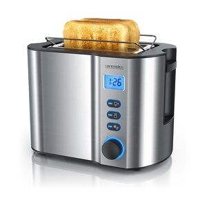 Arendo Toaster für 2 Scheiben mit Restzeitanzeige, 800W, wärmeisolierendes Doppelwandgehäuse, Brötchenaufsatz, Auftaufunktion, Silber