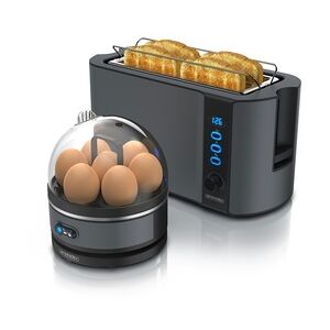 Arendo - SET Toaster FRUKOST mit Eierkocher SEVENCOOK Edelstahl Grau, Toaster 4 Scheiben, LED-Display, 6 Bräunungsgrade, Brötchenhalter - Eierkocher