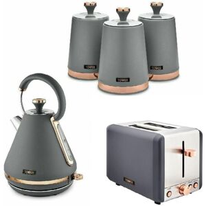 Tower Cavaletto 3kW Pyramid Kettle 2 Slice Toaster, 3 Canisters GREY & Rose Gold