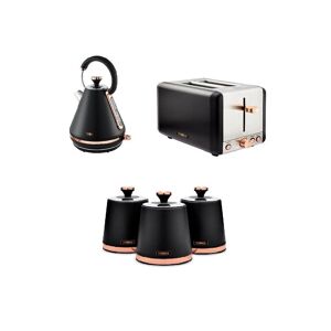 Tower Cavaletto Black Rose Gold 1.7L Pyramid Kettle, 2 Slice Toaster And Canisters Set