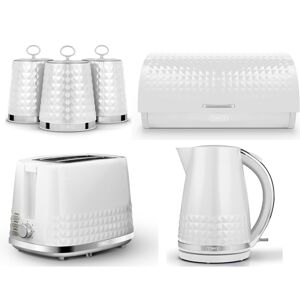 Tower Solitaire White Kettle 2 Slice Toaster Bread Bin & Canisters Set