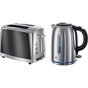 Russell Hobbs 23221 Luna Two Slice Toaster, 1500 W, Grey & 20460 Quiet Boil Kettle, Brushed Stainless Steel, 3000W, 1.7 Litres