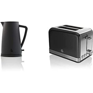 Swan Stealth 1.7 Litre Kettle, Matte Black, Rapid Boil, Streamlined Design, SK14640BLKN & 2 Slice Retro Toaster, Black, Defrost, Cancel and Reheat Functions, Slide Out Crumb Tray, ST19010BN