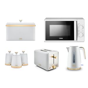 Tower Cavaletto White 1.7L 3KW Jug Kettle, 2 Slice Toaster, T24034WHT 20L 700W Microwave, Bread Bin & Canisters. Contemporary Matching Kitchen Set of 7