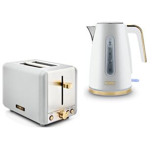 Tower Cavaletto 1.7L 3KW Jug Kettle & 2 Slice Toaster in Optic White with Brushed Champagne Gold Accents. Contemporary Matching Kettle & 2 Slice Toaster Set