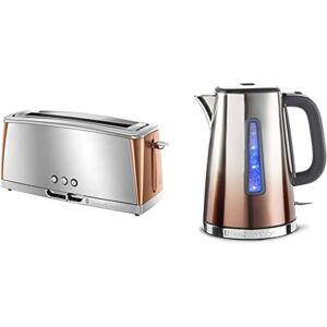 Russell Hobbs Luna Long Slot Toaster, Long Slice or Two Slice Stainless Steel Toaster, 24310 & 25113 Eclipse Polished Stainless Steel and Copper Sunset Ombre Electric Kettle, 3000 W, 1.7 Litre