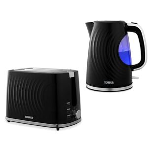 Tower Sonar 1.7L 3KW Kettle & 2 Slice Toaster in Black with Chrome Accents. Matching Textured Kettle & Toaster Set with Stylish Ripple Design, T10083BLK T20090BLK