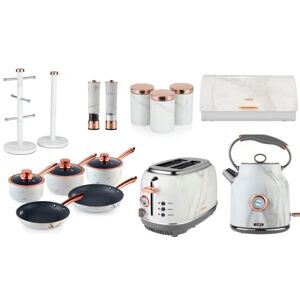 Tower Marble & Rose Gold Kettle, 2 Slice Toaster, Bread Bin, Canisters, Mug Tree, Towel Pole, Salt & Pepper Mills & 5 Piece Pan Set. Matching Marble Kitchen Set of 15 Items