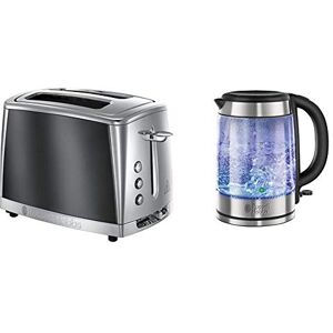 Russell Hobbs 23221 Luna Two Slice Toaster, 1500 W, Grey & Hobbs 21600-10 Illuminating Glass Kettle, Black, 1.7 Litre, 3000 Watt