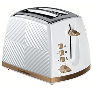 Russell Hobbs Groove 2 Slice Toaster (High Lift, Extra Wide Slots, 6 Browning levels, Frozen/Cancel/Reheat function - Illuminated buttons, Removable crumb tray, 850W, White, Brushed gold accents)26391