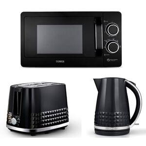 Tower Solitaire Black 1.5L 3KW Jug Kettle, 2 Slice Toaster & T24042BLK 800W 20 Litre Manual Microwave. Matching Modern Design Kettle, Toaster & Microwave Set in Black