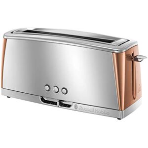 Russell Hobbs Long Slot 2 Slice Luna Toaster with faster toasting Technology (6 Browning levels, Defrost/Reheat/Cancel function, Lift & Look feature,) 1420W, Stainless Steel with Copper accents, 24310