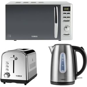 Tower Infinity Brushed Steel 1.7L 3KW Jug Kettle, 2 Slice Toaster & 800W 20L Digital Microwave. Matching Stainless Steel Kitchen Set in Silver