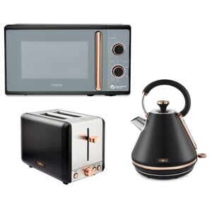 Tower Cavaletto Black & Rose Gold 3KW 1.7L Pyramid Kettle, 2 Slice 850W Toaster & 800W 20L Microwave, Contemporary Matching Kitchen Electrical Set in Black & Rose Gold