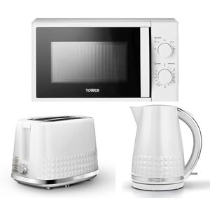 Tower Solitaire White 1.5L 3KW Jug Kettle, 2 Slice Toaster & T24034WHT 700W 20L Manual Microwave. Matching Modern Design Kitchen Set in White