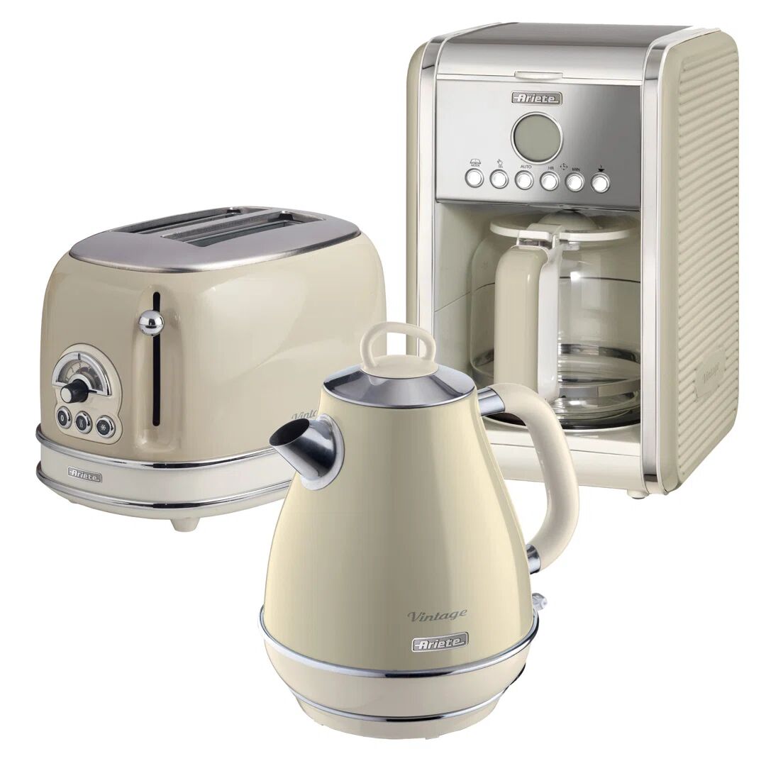 Ariete Vintage 1.7L Stainless Steel Jug Kettle with 2 Slice Toaster and 12 Cup Coffee Machine Set gray 30.5 H x 22.0 W x 22.0 D cm