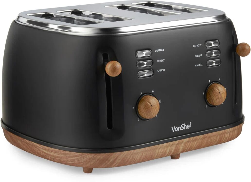 Vonshef 4 Slice Toaster - Nordic Matte Black Design, 6 Browning Settings, Wide Slots, Defrost, Reheat And Cancel Functions, Removable Crumb Tray, High black 19.5 H x 32.5 W x 36.5 D cm