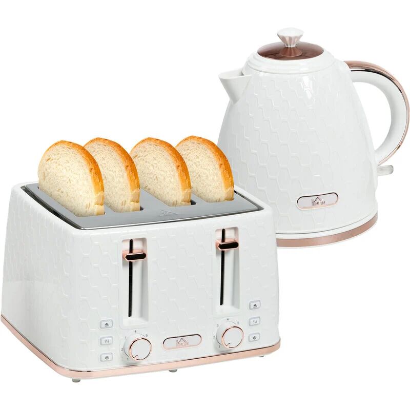 Homcom - 1.7L Kettle and Toaster Set with Defrost, Reheat and Crumb Tray White - Cream