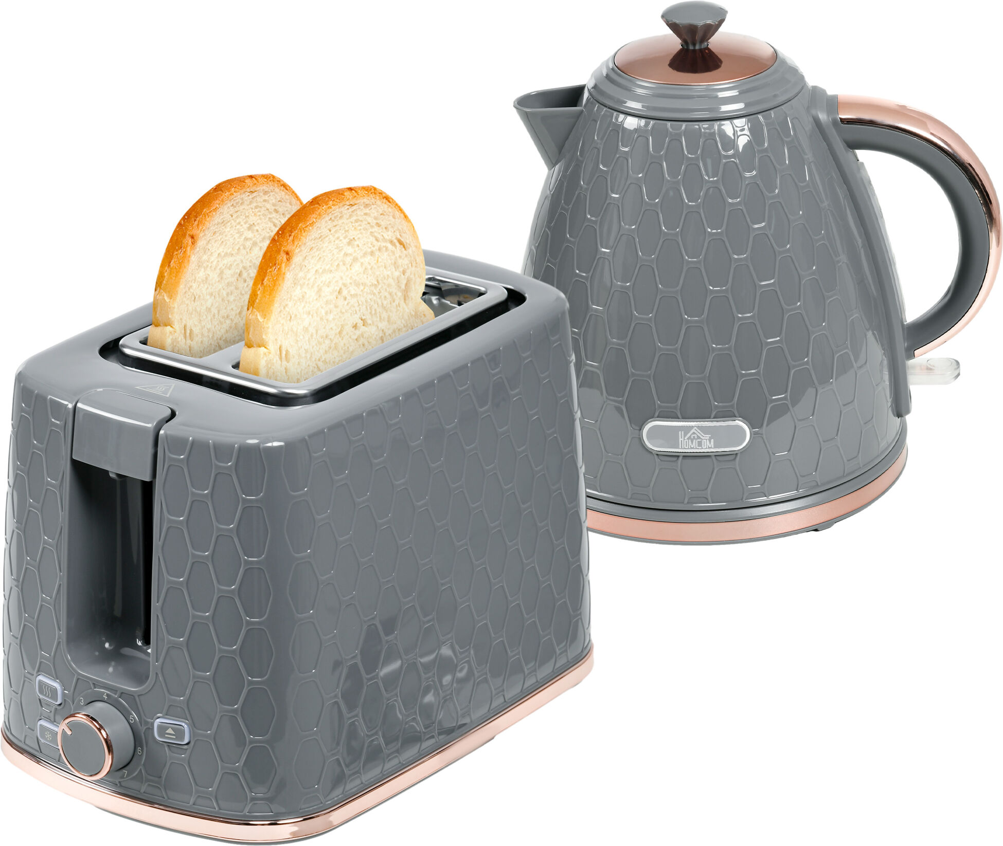 HOMCOM 1.7L 3000W Fast Boil Kettle & 2 Slice Toaster Set, Kettle and Toaster Set with Auto Shut Off, Browning Controls, Grey