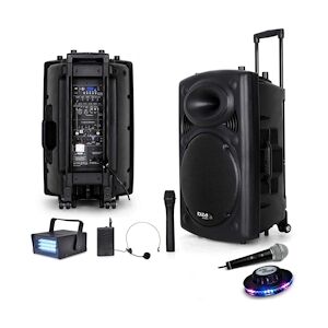 Ibiza Sound Public Adress mobile MP3 800W + 3 micros PORT15VHF-BT + Câble PC + Effet OVNI RoundMagic + Mini Strobe