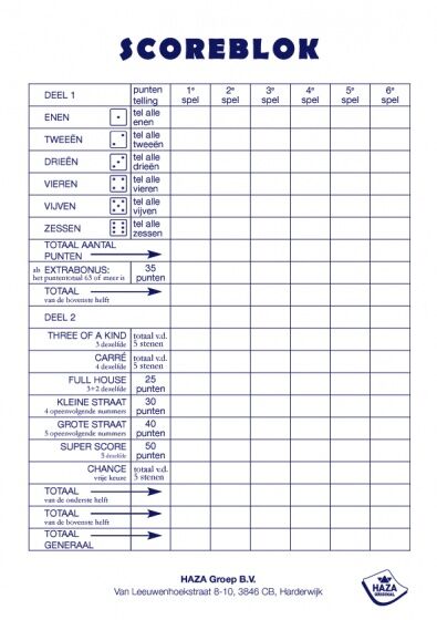 Haza Original scoreblok Yahtzee 50 vel - Wit