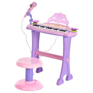 HOMCOM Electronic Organ for Kids, Mini Piano with Microphone and Stool, Interactive Music Play, Purple/Pink