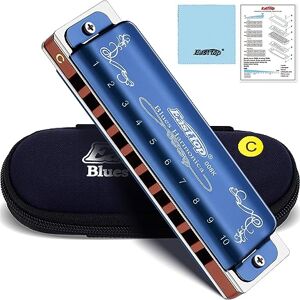 East Top Blues Harmonica in C,10 Holes Blues Harp Mouth Organ Diatonic Harmonica C Key with Blue Case, T008K Standard Harmonicas For Adults, professionals, beginners and students