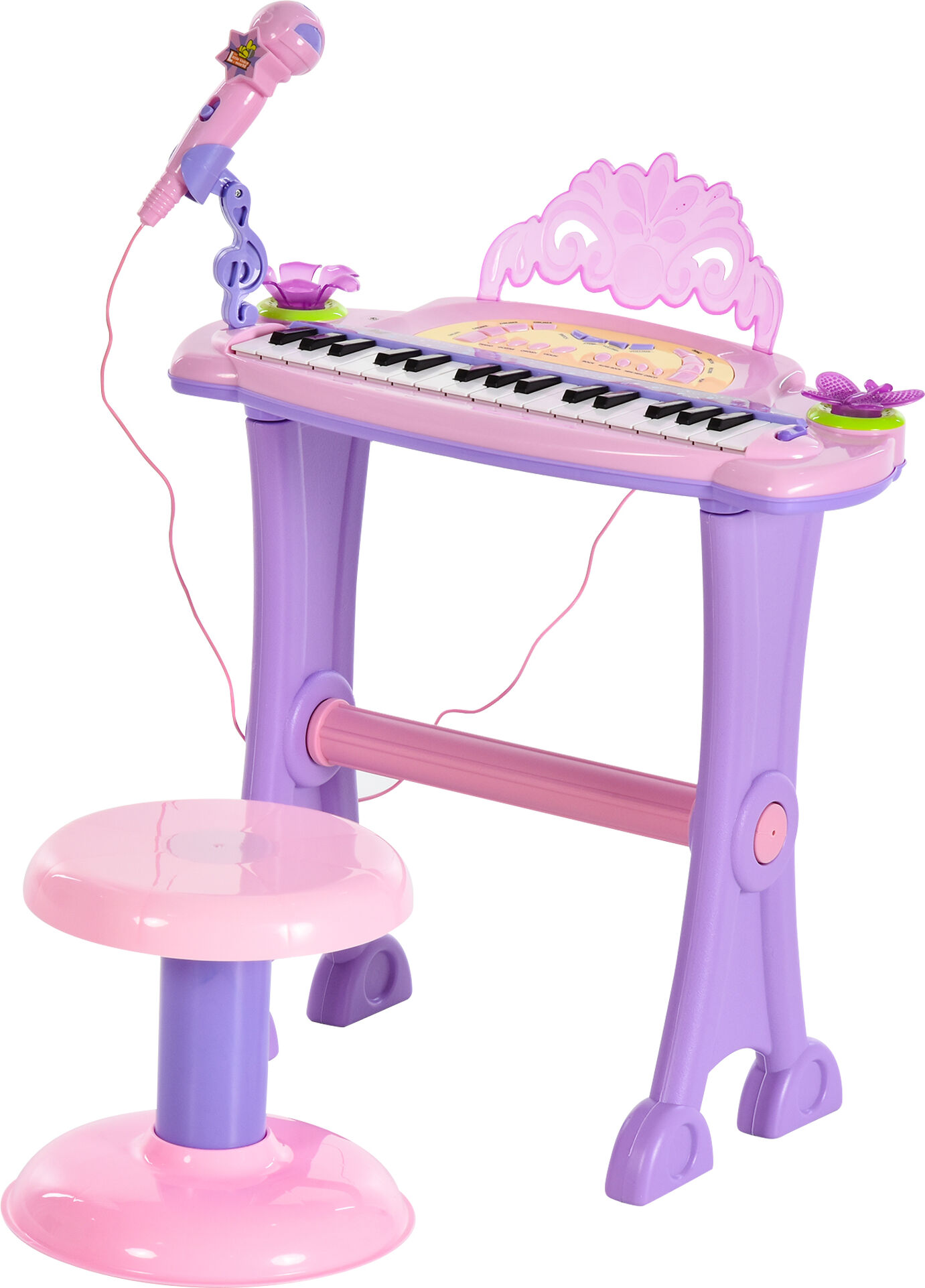 HOMCOM Electronic Organ for Kids, Mini Piano with Microphone and Stool, Interactive Music Play, Purple/Pink