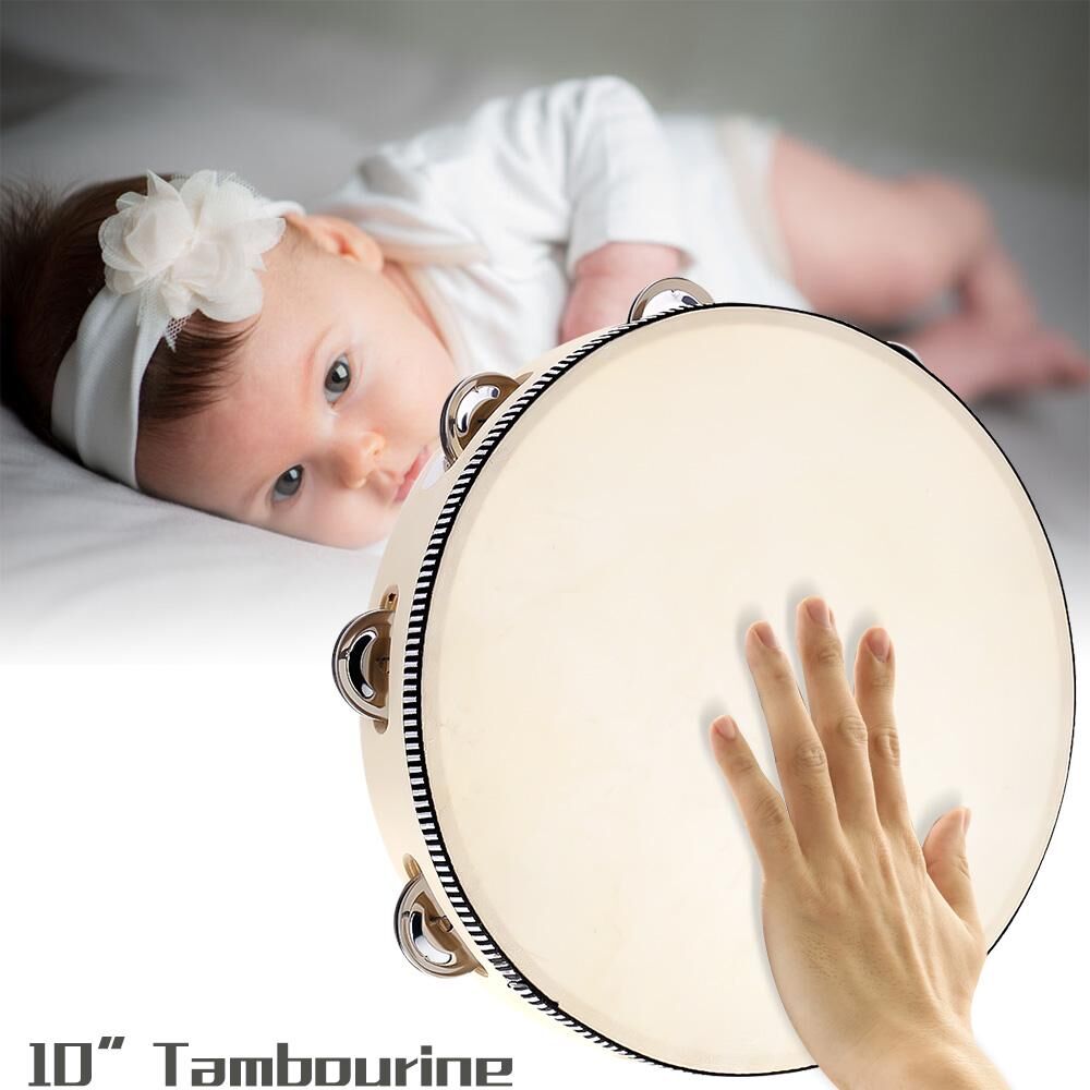 10" Hand Held Tambourine Drum Bell Birch Metal Jingles Percussion Musical Educational Instrument