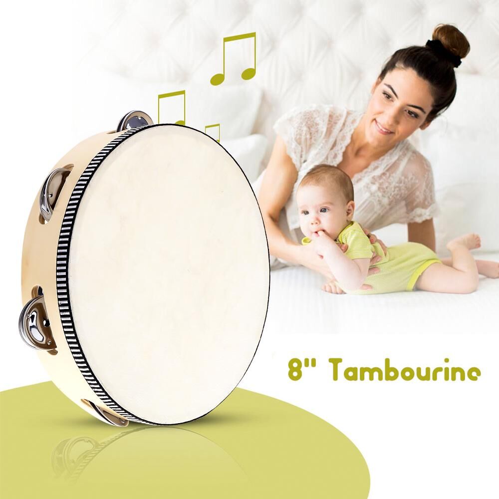 8" Hand Held Tambourine Drum Bell Birch Metal Jingles Percussion Musical Educational Toy Instrument