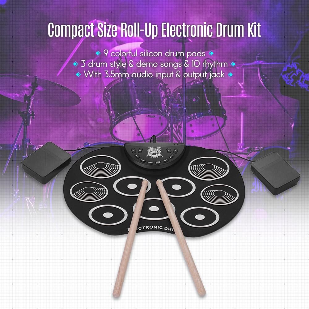 GoolRC Portable Size Roll-Up Drum Set Electronic Drum Kit 9 Silicon Drum Pads USB/Battery Powered  with