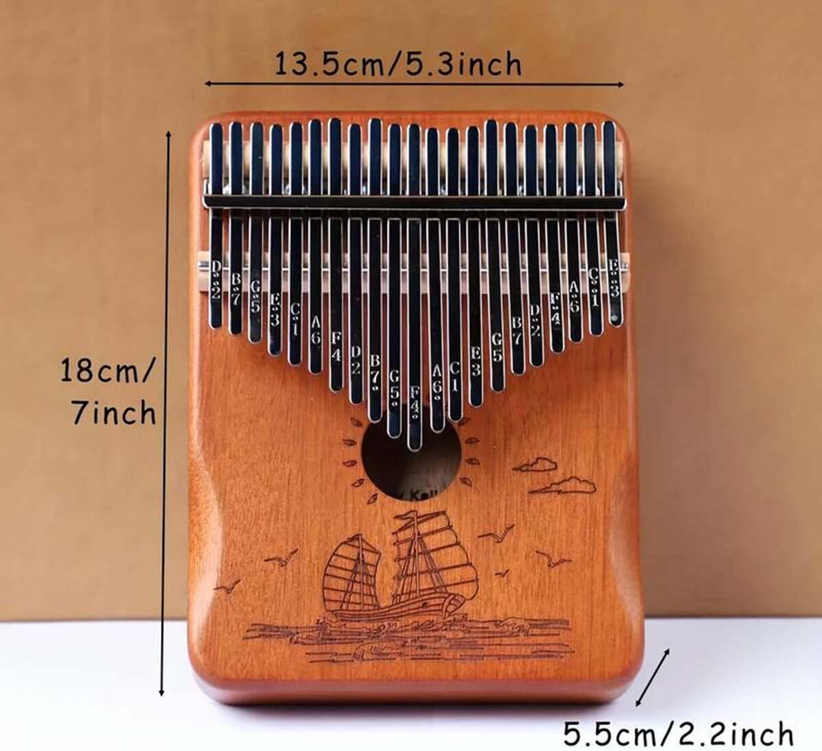 SHEIN 1pc Wooden Thumb Piano, Vintage Sailboat Print Musical Instrument For Beginner Mocha Brown one-size