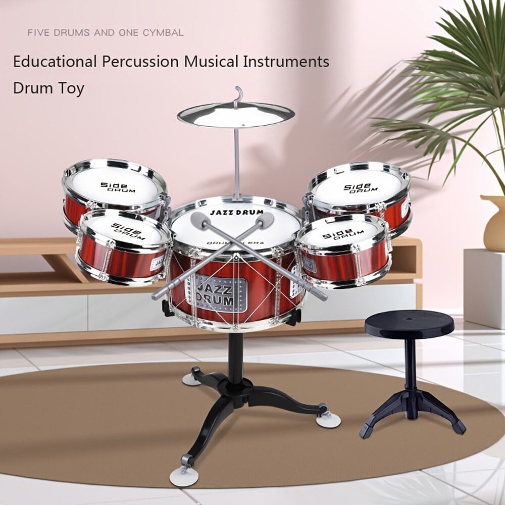 SHEIN Musical Toy Set Jazz Drum Set With Stool, 2 Drumsticks, Cymbal And 5 Percussion Toys Burgundy one-size
