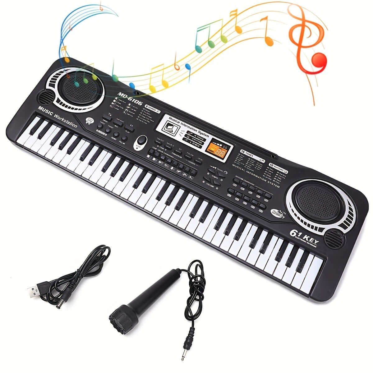 SHEIN 61 Key Digital Music Piano Keyboard for Kids,Portable Electronic Musical Instrument,Multi-function Keyboard with Microphone Gifts for Boys and Girls (Black) Black one-size