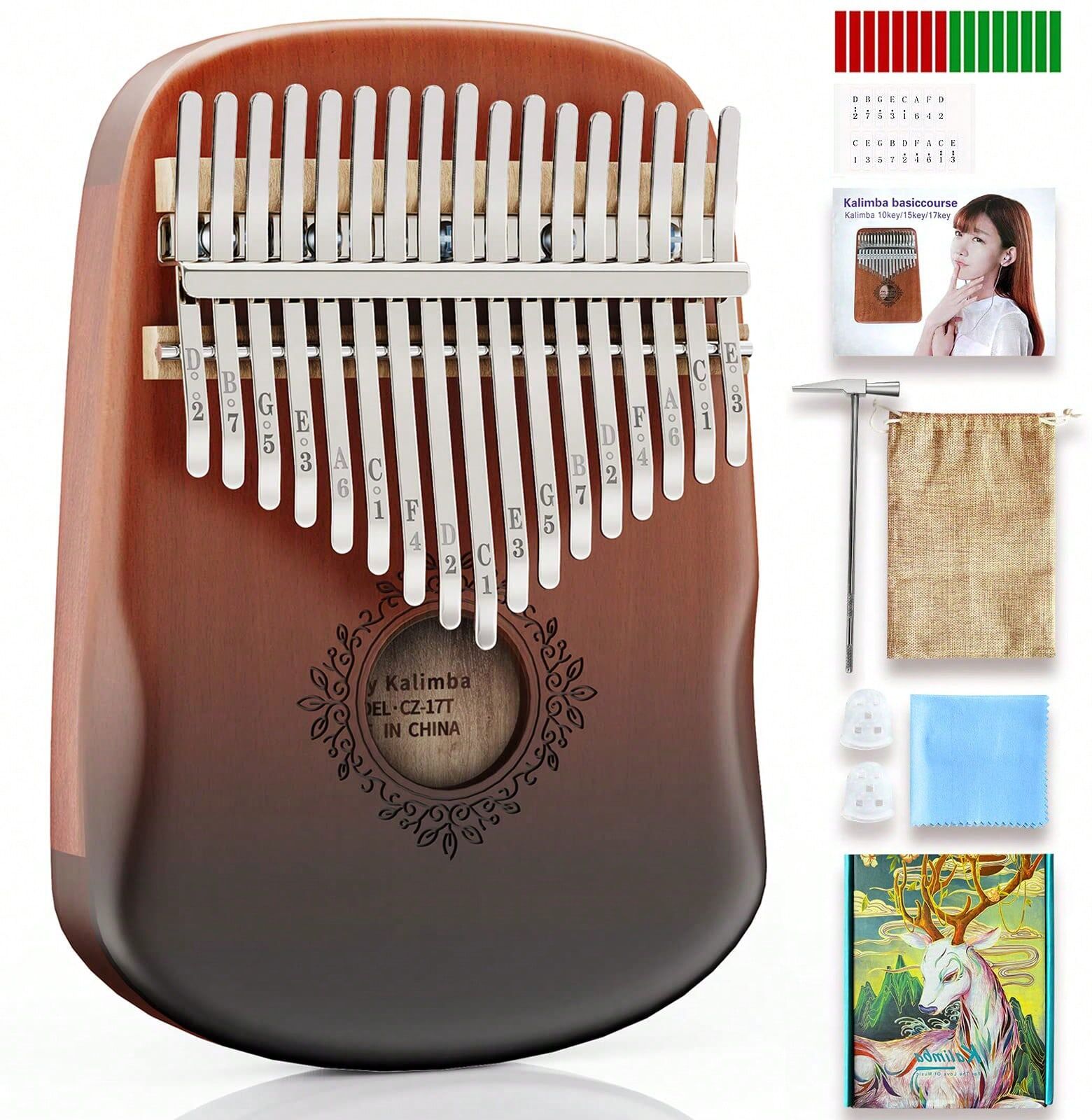 SHEIN Kalimba Thumb Piano 17 Key, Portable Finger Piano Kalimba Musical Instrument Advanced Solid Mahogany Mbira Finger Thumb Piano Kalimba 17 Key for Kids Adults Beginners Music Enthusiasts Brown one-size