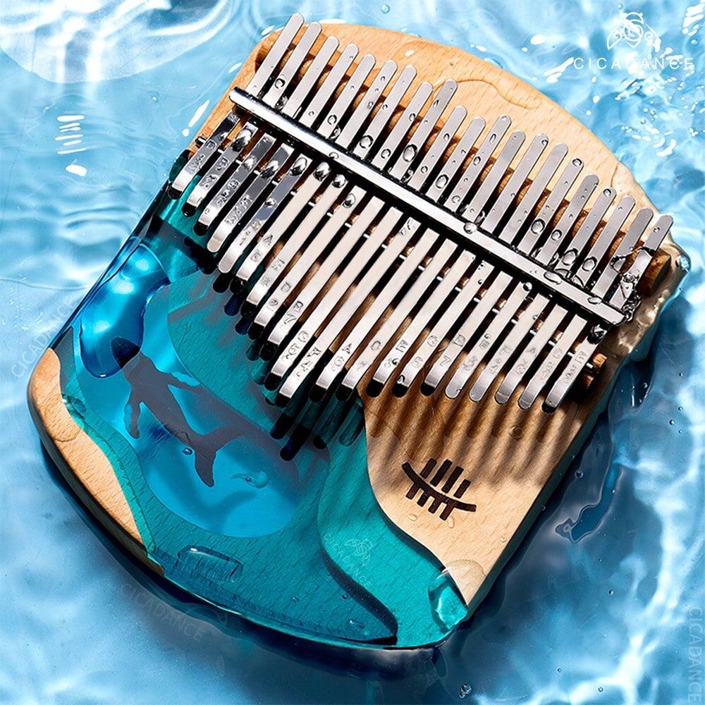 SHEIN 21 Key Kalimba Epoxy Resin Thumb Finger Piano Calimba Solid Wood Mbira Whale Keyboard Musical Instrument With Accessories Gifts wood color + blue one-size