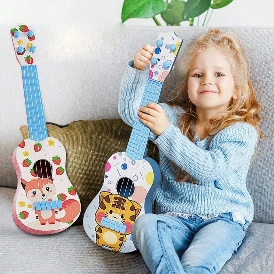 SHEIN Ukulele Toys, Big Size-16.54*5.12*1.57inch, Musical Instrument Kid's Can Play Mini Kid's Music Enlightenment Instrument Cute Cartoon Pattern Strings Adjustable, Controlling Tone Changes Multicolor fox pattern,Tiger Pattern,Dinosaur Pattern,Red,Brown