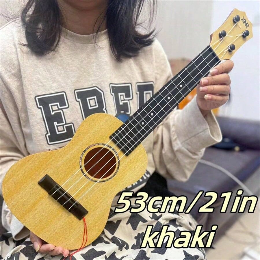 SHEIN 21in Khaki Color Ukulele For Children With Beginner Guide, Playable Beginners' Musical Instrument, Educational Music Toy 【21in】Khaki Ukulele-comes With String Picks SKU title size