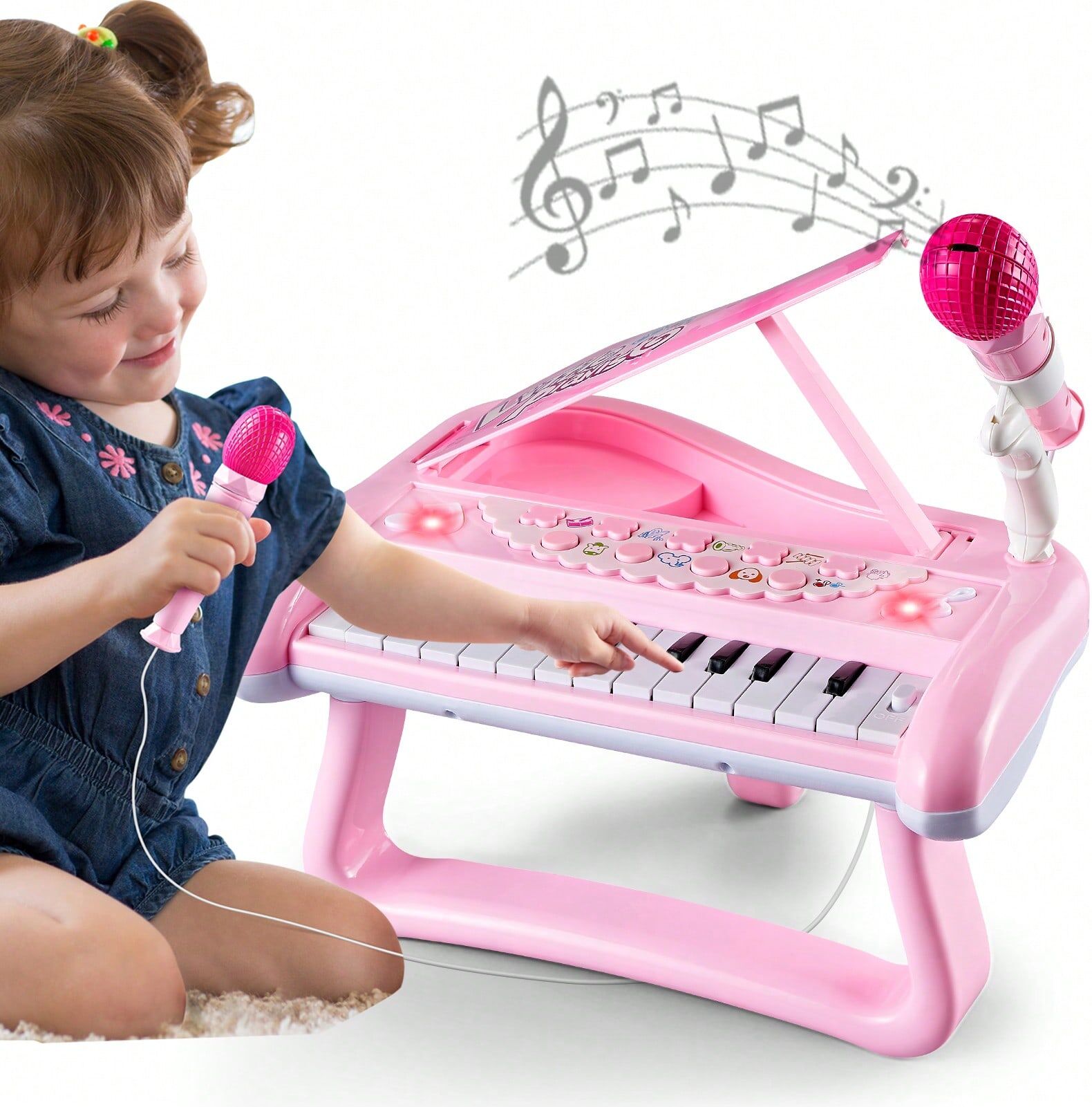 SHEIN First Birthday Toddler Piano Toys For 1 Year Old Girls, Baby Musical Keyboard 22 Keys Kids Age 1 2 3 Play Instrument With Microphone Pink Pink