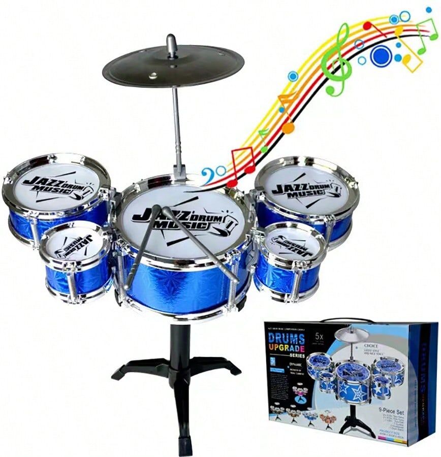 SHEIN 1pc Simulation Jazz Drum Set With 5 Drums And Electroplated Drum Stand, Musical Instrument Toy Blue one-size