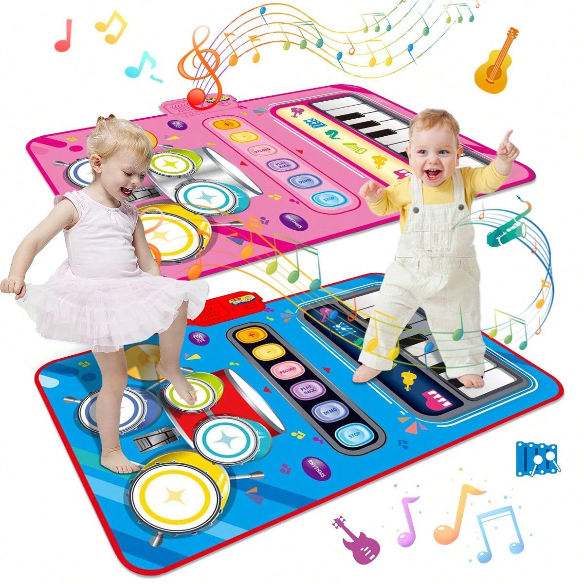 SHEIN 2 In 1 Piano Mat For Kids-Music Sensory Play Mat Piano Keyboard & Jazz Drum MusicTouch Play Carpet With 2 Sticks For Baby Toddlers Instrument Education Gift Random Color 1pcs Multicolor Blue Piano Mat,Pink Piano Mat