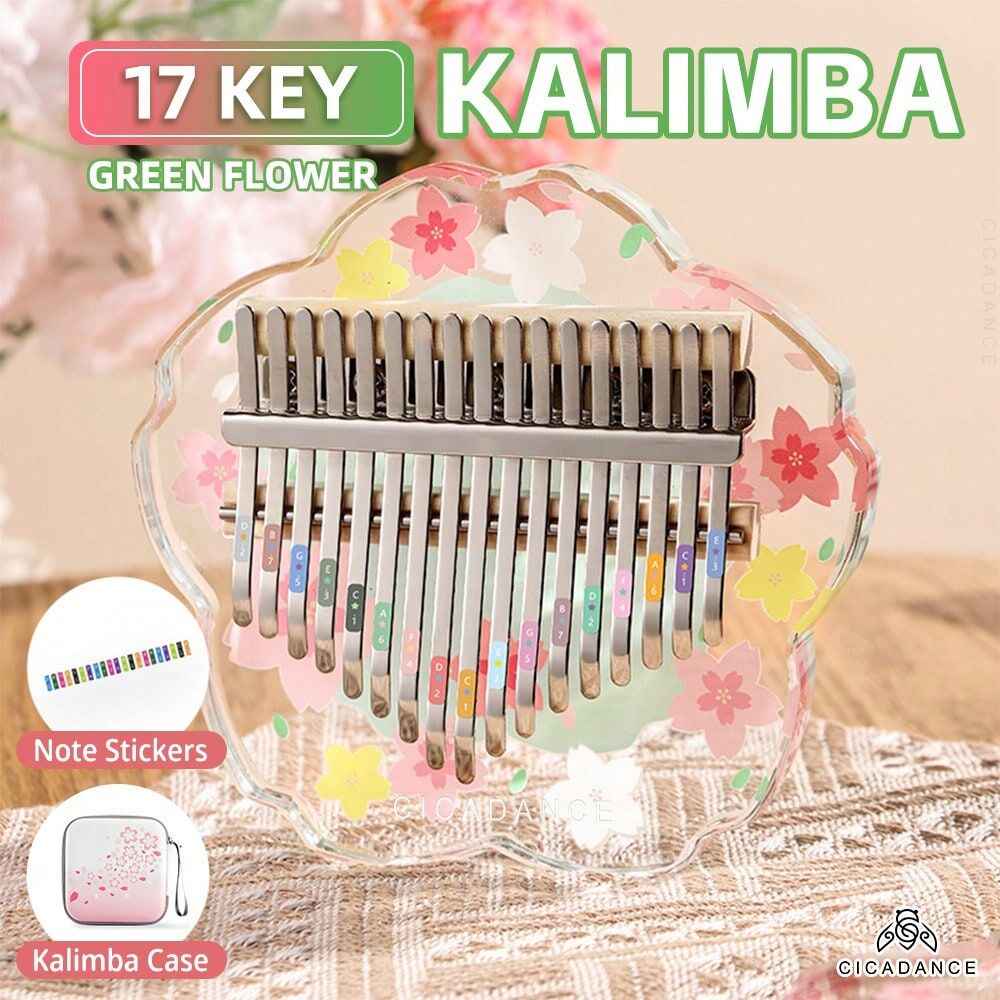 SHEIN CICADANCE Kalimba Acrylic 17Keys Thumb Finger Piano Calimba Keyboard Musical Instrument With Storage Bag Gift For Beginner Green Flower one-size