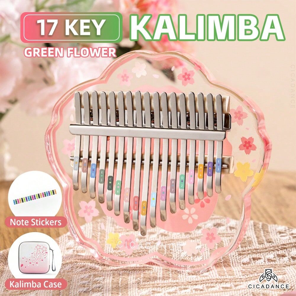 SHEIN CICADANCE Kalimba Acrylic 17Keys Thumb Finger Piano Calimba Keyboard Musical Instrument With Storage Bag Gift For Beginner Pink Flower one-size