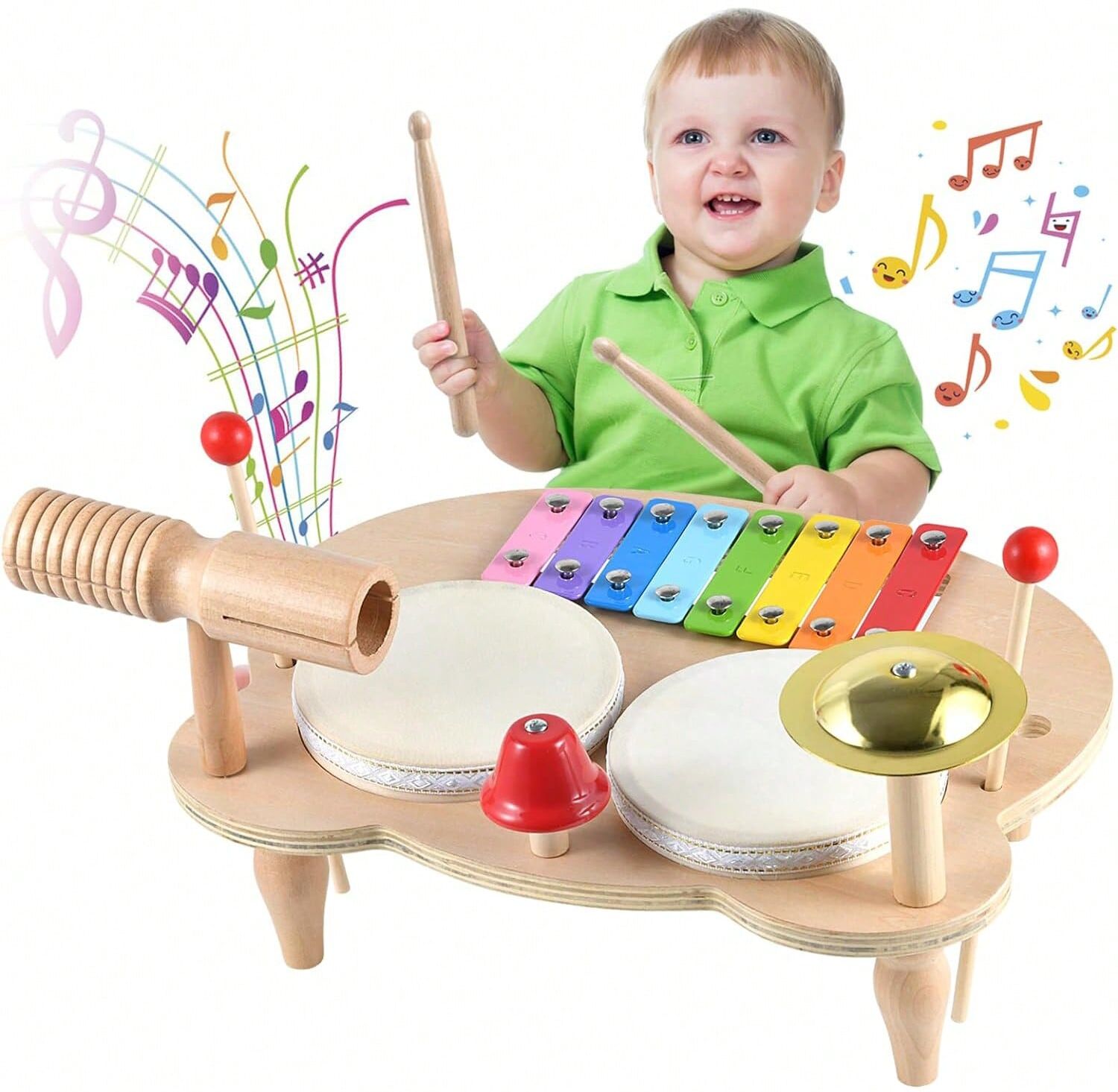 SHEIN 10 In 1 Drum Set Musical Instruments Toys Montessori Wooden Xylophone Preschool Music Kit Percussion Tambourine Toys Birthday For Boys And Girls Gift ( Having A CE CPC Certificate ) Apricot one-size