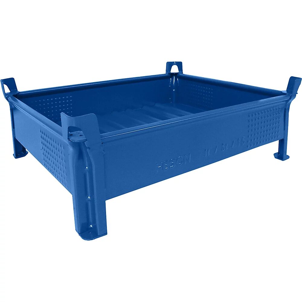 Heson Stapelbehälter aus Stahlblech, niedrige Bauform, Wände geschlossen BxL 800 x 1000 mm, Traglast 500 kg blau, ab 10 Stk