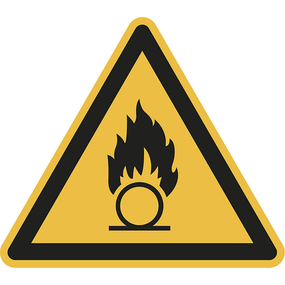Warnkennzeichen Warnung vor brandfördernden Stoffen, VE 10 Stk Folie, Schenkellänge 100 mm